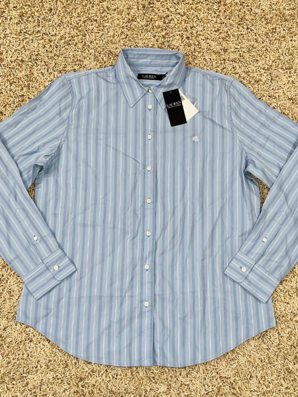Lauren Ralph Lauren Women's Striped Broadcloth Button Shirt Blue, Size Large